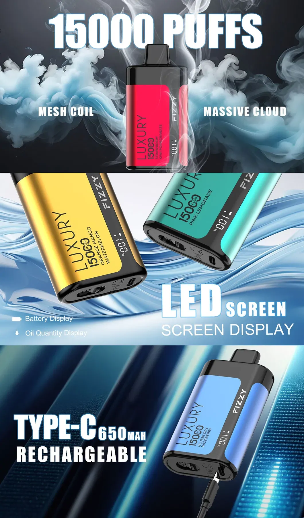 Fizzy Luxury 15000 Puffs 2% 5% Low Nicotine LCD Screen Bulk Buy Multiple flavors Rechargeable Disposable Vapes Pen Wholesale - European Warehouse Stock
