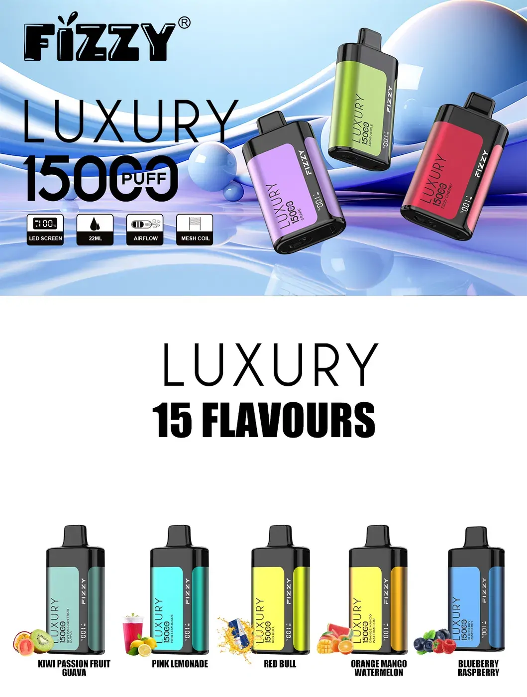 Fizzy Luxury 15000 Puffs 2% 5% Low Nicotine LCD Screen Bulk Buy Multiple flavors Rechargeable Disposable Vapes Pen Wholesale - European Warehouse Stock