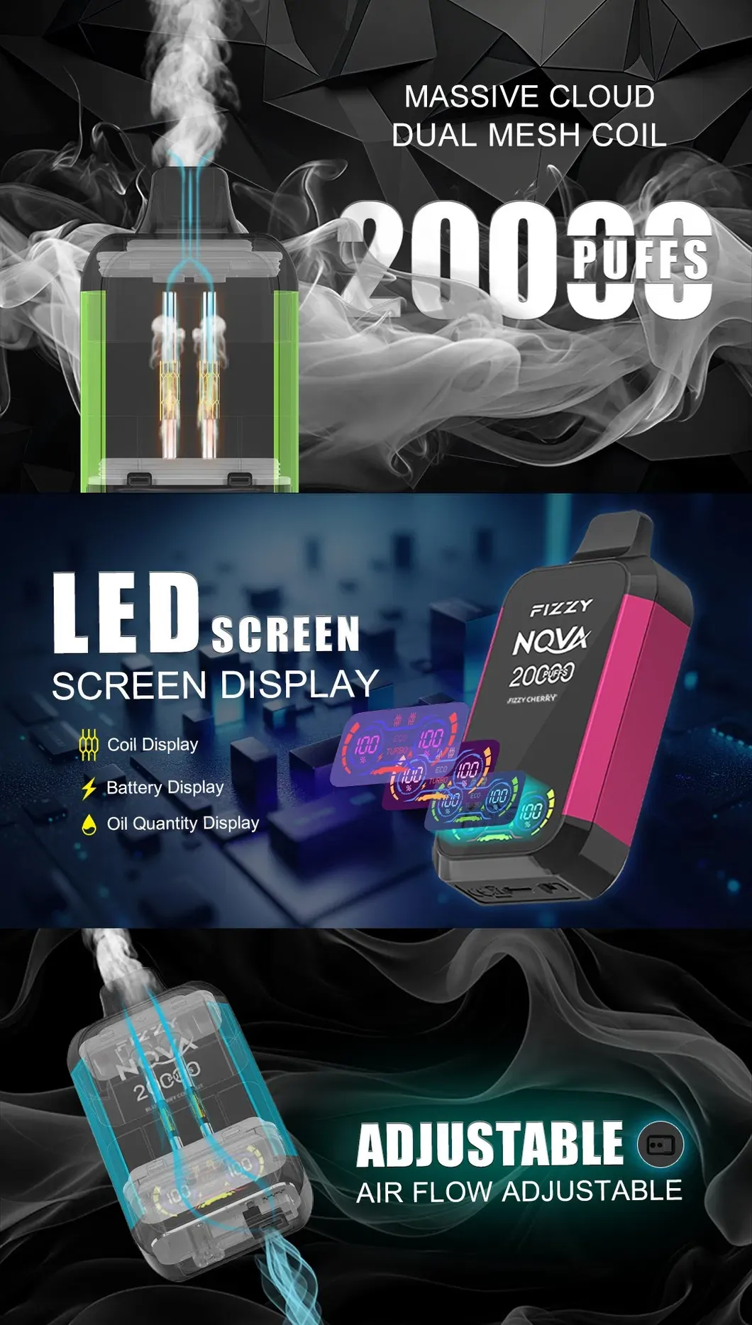 Fizzy Nova 20000 Puffs Dual Mesh LCD Screen 2% 5% Low Nicotine Bulk Buy Multiple flavors Rechargeable Disposable Vapes Pen Wholesale - European Warehouse Stock