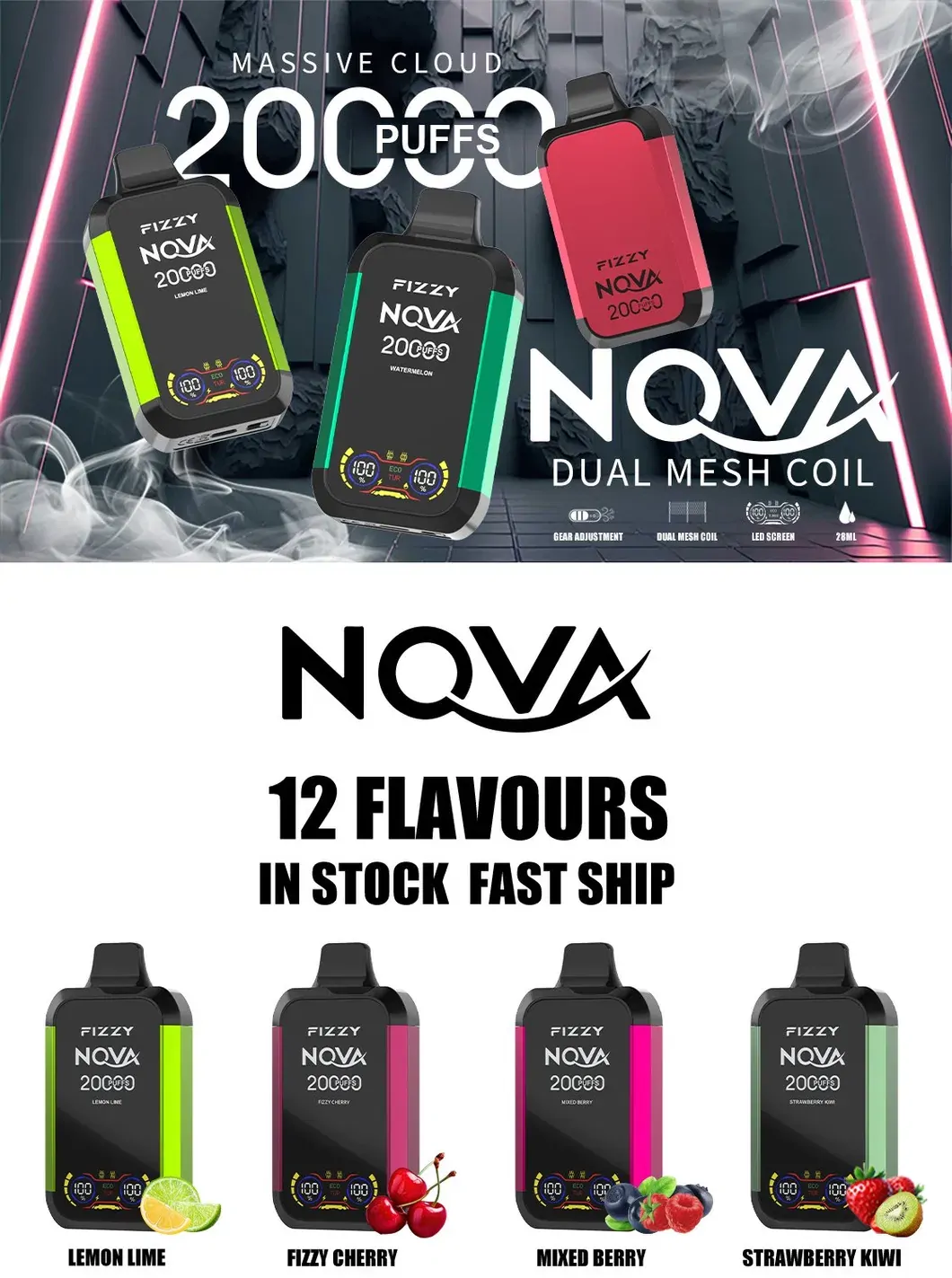 Fizzy Nova 20000 Puffs Dual Mesh LCD Screen 2% 5% Low Nicotine Bulk Buy Multiple flavors Rechargeable Disposable Vapes Pen Wholesale - European Warehouse Stock