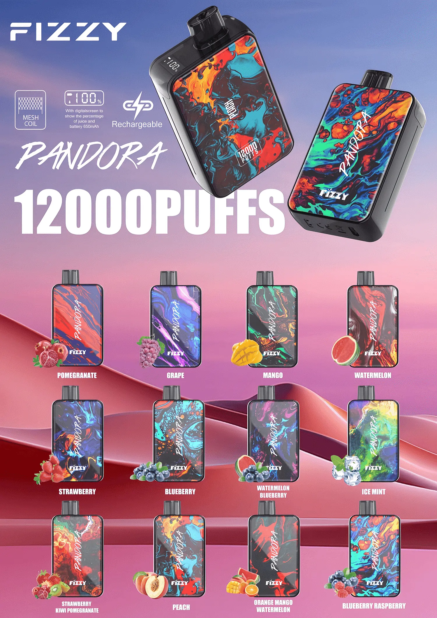 Fizzy Pandora 12000 Puffs LCD Screen 2% 5% Low Nicotine Bulk Buy Stylish appearance Rechargeable Disposable Vapes Pen Wholesale - European Warehouse Stock