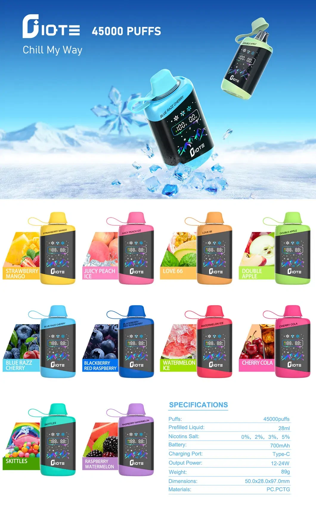 IQTE 45000 Puffs Digital Screen 0% 2% 3% 5% Low Nicotine Bulk Buy Wholesale Lightweight Design Rechargeable Disposable Vapes Pen