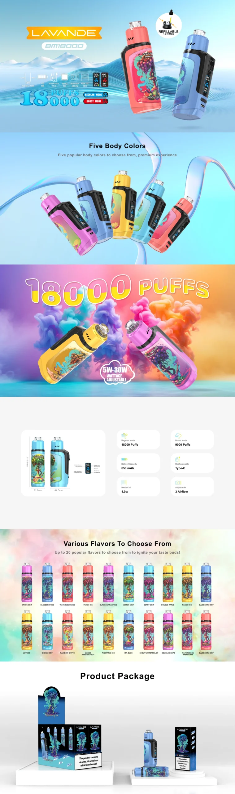 Lavande BM18000 Puffs 3.0-inch Full HD screen Low Nicotine Bulk Buy Wholesale Rechargeable Disposable Vapes Pen