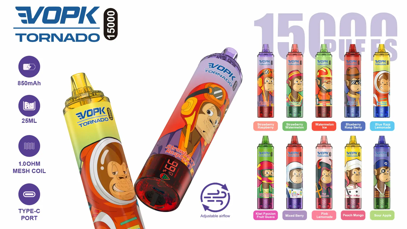 VOPK TORNADO 15000 Puffs Dual Display 0% 2% 3% 5% Nicotine Bulk Buy Disposable Vape Wholesale