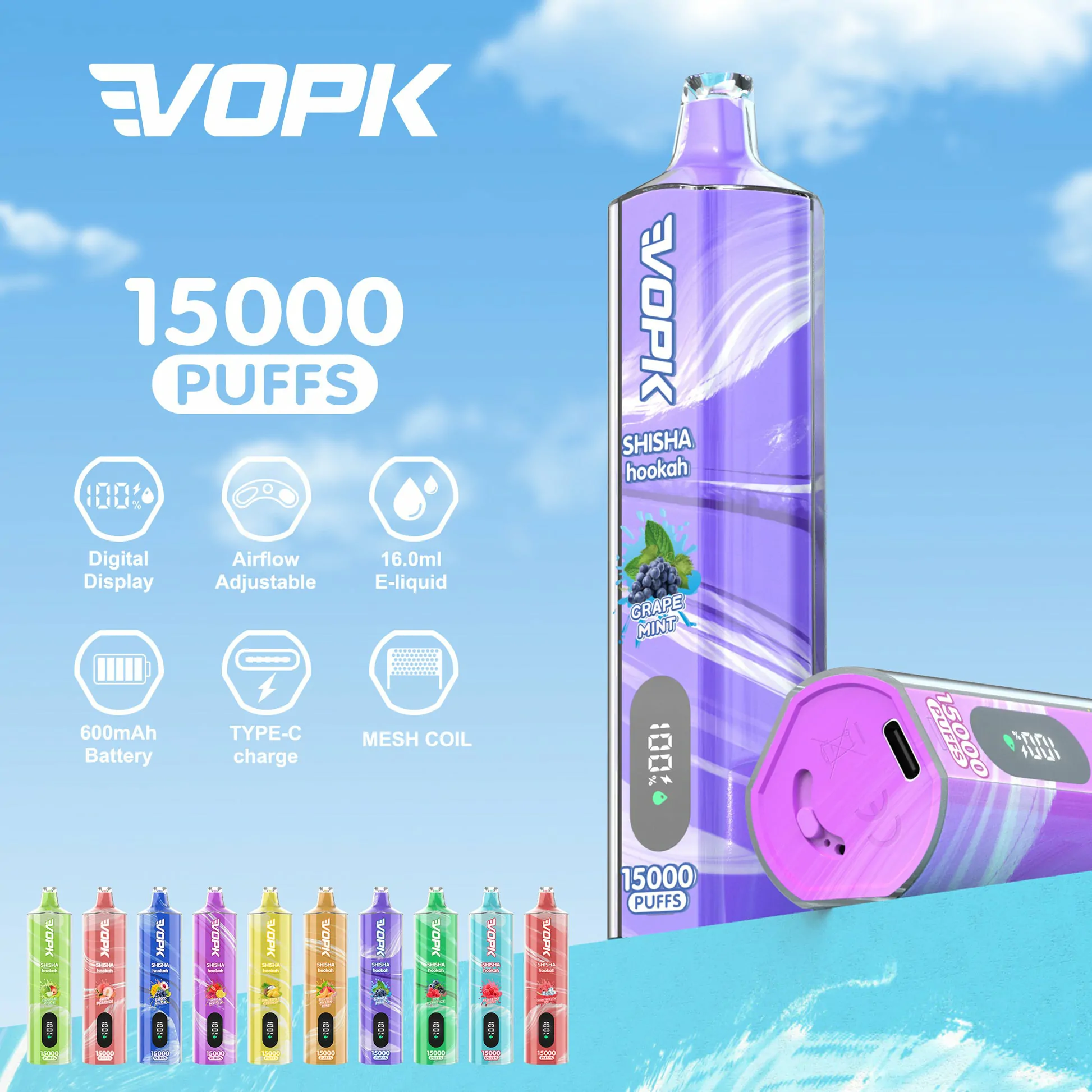 VOPK shisha hookah 15000 PUFFS DTL 0% 2% 3% 5% Nicotine Disposable Vape Wholesale