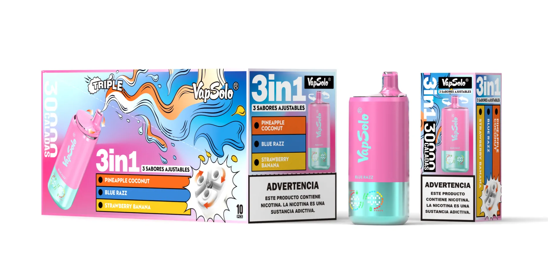 VapSolo Triple 30000 Puffs 3 Flavors in 1 LCD Screen 2% 5% Low Nicotine Bulk Buy Wholesale Rechargeable Disposable Vapes Pen