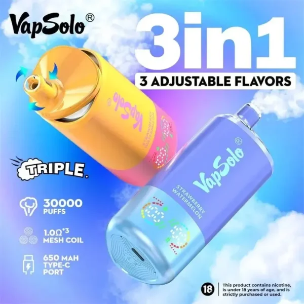 VapSolo Triple 30000 Puffs 3 Flavors in 1 LCD Screen 2% 5% Low Nicotine Bulk Buy Wholesale Rechargeable Disposable Vapes Pen