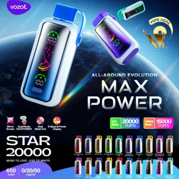 Vozol Star 20000 Puffs Dual Mesh Dual Mode Mirror Screen 5% Low Nicotine Bulk Buy Wholesale Rechargeable Disposable Vapes Pen