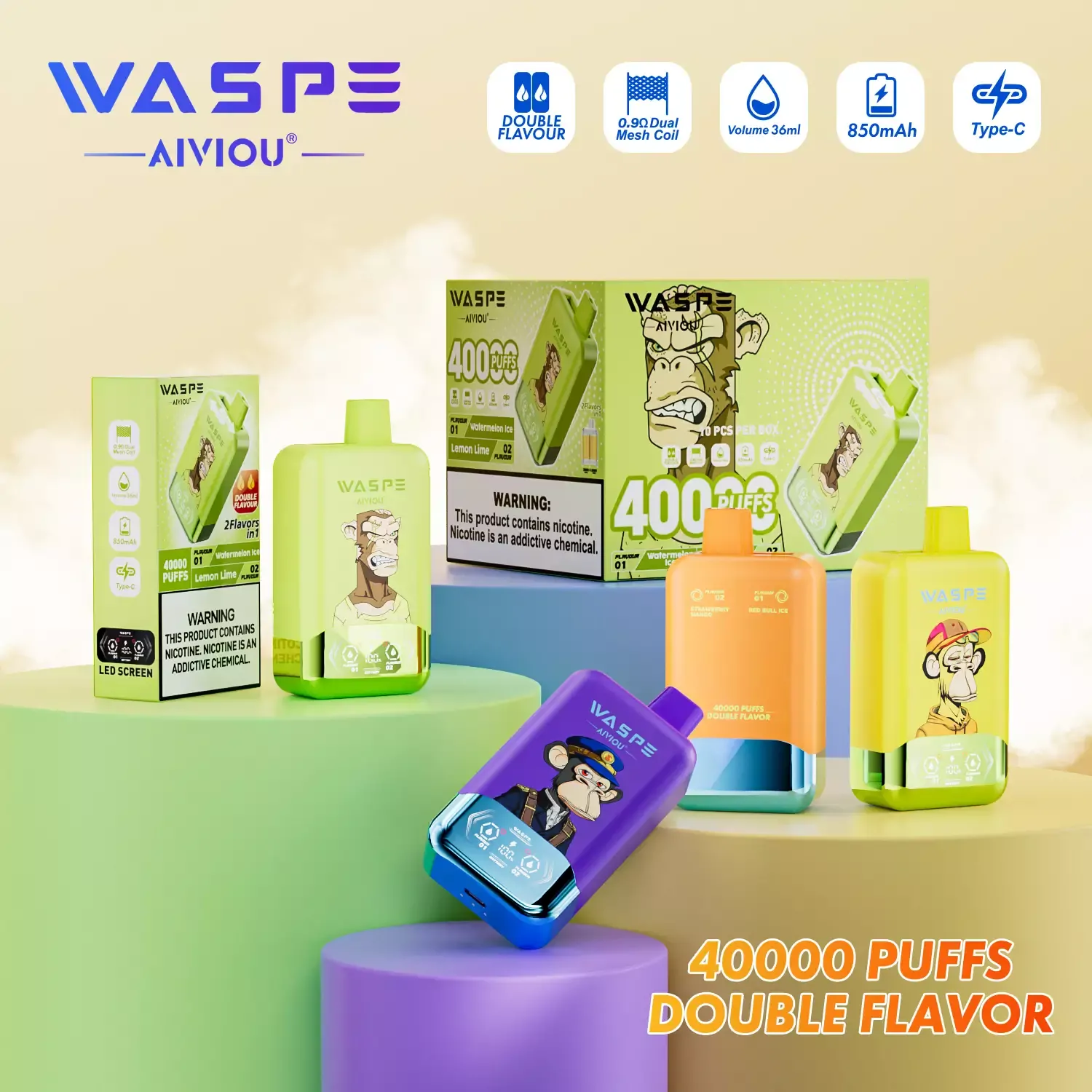 WASPE AIVIOU 40000 Puffs Double Flavor LED Screen 0% 2% 5% Low Nicotine Bulk Buy Wholesale Rechargeable Disposable Vapes Pen