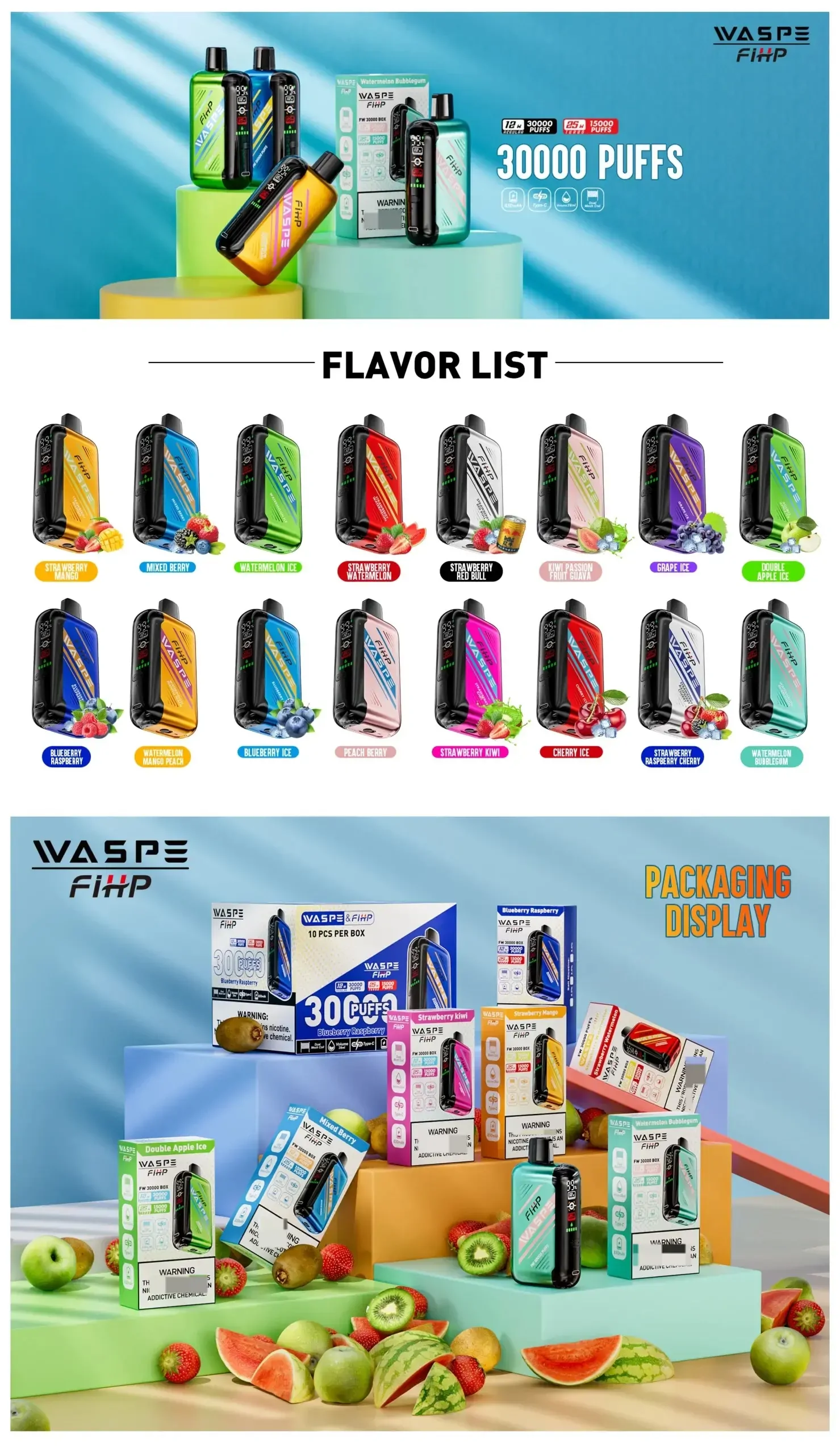 WASPE FIHP 30000 Puffs Dual Mesh LED Display Adjustable Airflow 0% 2% 5% Low Nicotine Bulk Buy Rechargeable Disposable Vapes Pen Wholesale